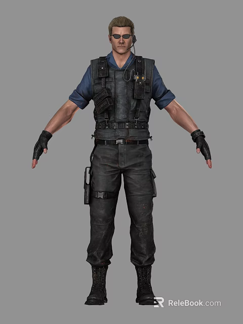 Man In Blue Shirt Tactical Vest Black Pants And Black Gloves Standing Pose 3d model 