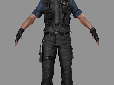Man In Blue Shirt Tactical Vest Black Pants And Black Gloves Standing Pose 3d model