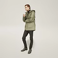 Man In Olive Green Parka With Black Inner Wear Black Pants And Gray Shoes Standing