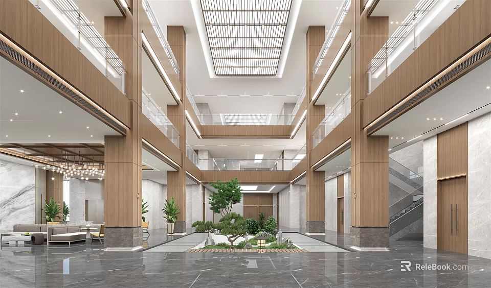 Modern Hotel Lobby Interior With Multi Level Wooden Elements Glass Skylight And Green Plants 3d model 