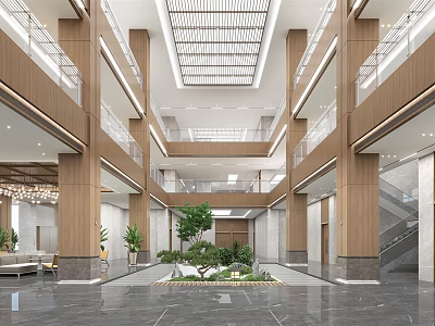 Modern Hotel Lobby Interior With Multi Level Wooden Elements Glass Skylight And Green Plants 3d model