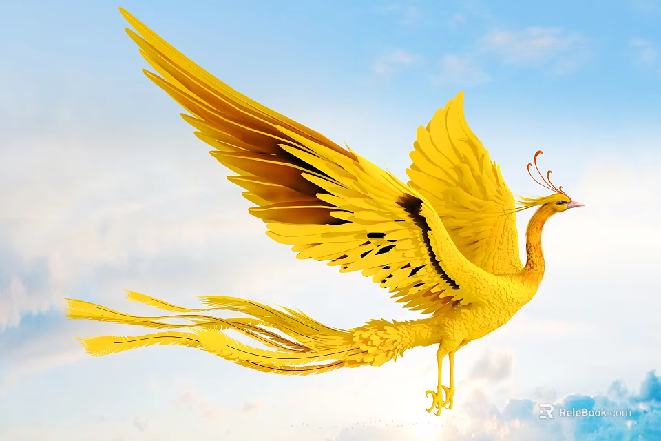 Golden Phoenix Flying High in Blue Sky with Fluffy Clouds and Vibrant Feathers 3d model 