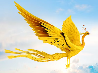 Golden Phoenix Flying High in Blue Sky with Fluffy Clouds and Vibrant Feathers 3d model