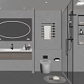 Modern Bathroom Interior With Round Illuminated Mirror Glass Shower And Gray Tiled Walls