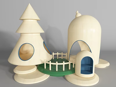 Wooden Playground Equipment Featuring Conical Tower Dome Shaped Structure and Green Fence 3d model