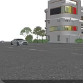 Modern School Building Exterior Design with Yellow Green Red Strips and Lawn Trees