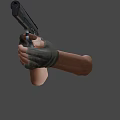 Hand Holding Black Pistol With Green Gloves And Smoke From Muzzle On Gray Background