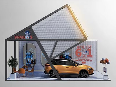 SNAIL'S Exhibition Booth With Orange SUV June 1st 6.1 Balloons And Plant 3d model