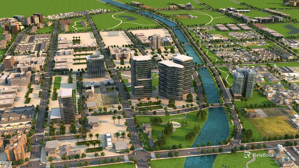 Aerial Urban Planning View With High Rise Buildings River And Green Spaces 3d model 