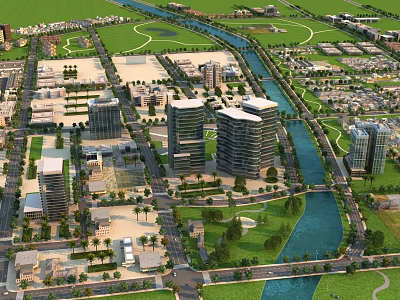 Aerial Urban Planning View With High Rise Buildings River And Green Spaces 3d model