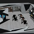 Modern Exhibition Booth Design With White Blue Geometric Structure Hanging Lights And Logo