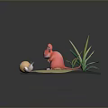 3D Paper Craft Scene With Pink Animal Figure Green Grass Leaf And Snail