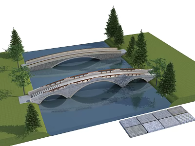 Two Stone Arch Bridges Over River With Trees Grass And Stone Slabs 3d model