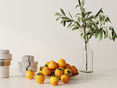 Modern Minimalist Decorative Ornament Set With Stacked Design Clear Vase Olive Branch And Yellow Persimmons 3d model