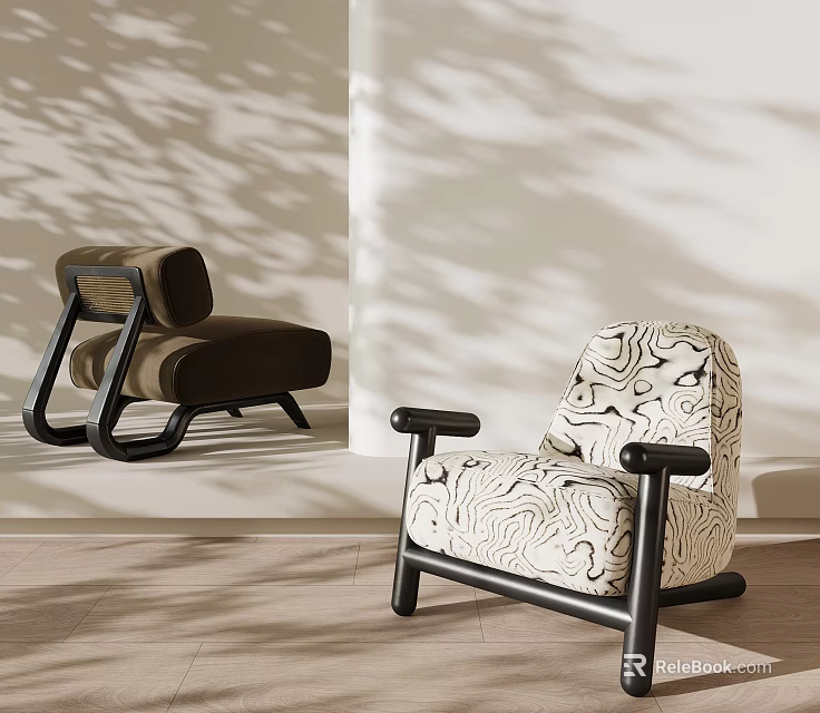 Stylish Modern Leisure Chairs with Brown Fabric Patterned Design and Black Frame on Wooden Floor 3d model 