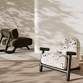 Stylish Modern Leisure Chairs with Brown Fabric Patterned Design and Black Frame on Wooden Floor