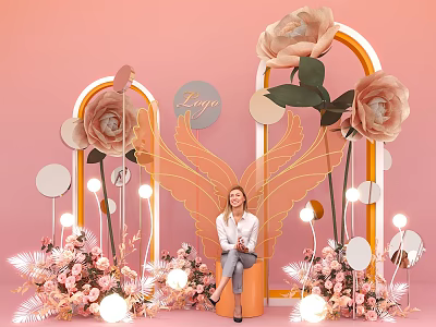 Pink Themed Scene With Large Flowers Arched Structures Wing Shaped Decorations Seated Woman Light Decorations 3d model