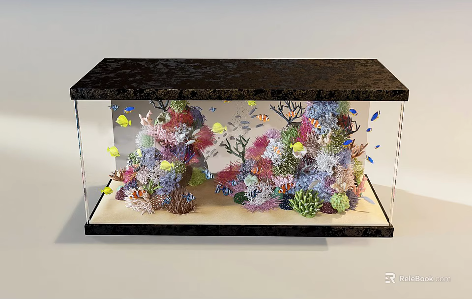 Clear Glass Aquarium Tank With Colorful Corals Tropical Fish And Aquatic Landscape 3d model 
