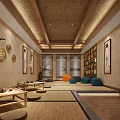 Traditional SPA Sauna Interior Design With Wooden Elements Tatami Seats And Hanging Decorations