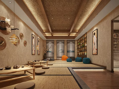Traditional SPA Sauna Interior Design With Wooden Elements Tatami Seats And Hanging Decorations 3d model