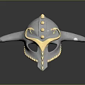 Ornate Metallic Helmet With Silver Gold Accents Spiked Rivets And Horn Like Protrusions