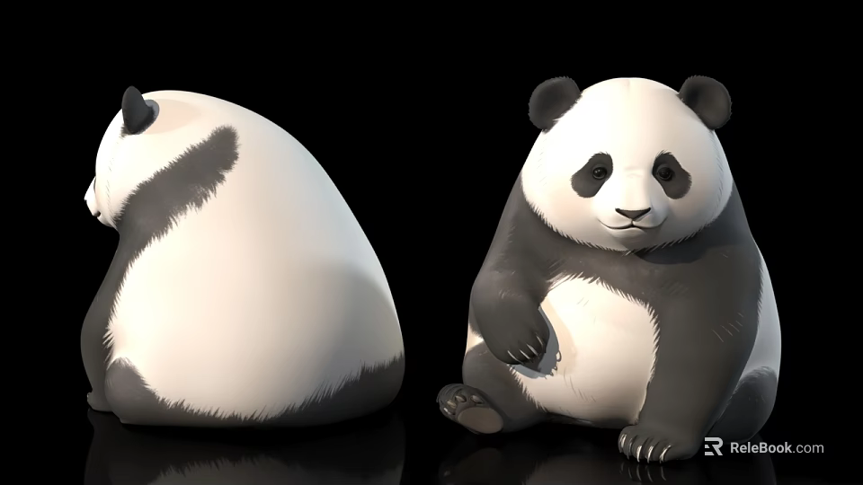 Two Cute Pandas Sitting On Black Background Front And Back Views 3d model 