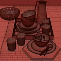 Ceramic Dinnerware Set With Bowls Plates Blue Glass Cups And Wooden Tray On Table