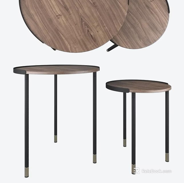 Set of Round Side Tables With Wooden Top And Black Metal Legs With Brass Accents 3d model 