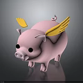 Cute Pink Pig Figure with Yellow Wings on Dark Shiny Surface
