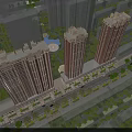 Modern Commercial Street With High Rise Buildings Storefronts Cars Pedestrians Trees And Street Lamps