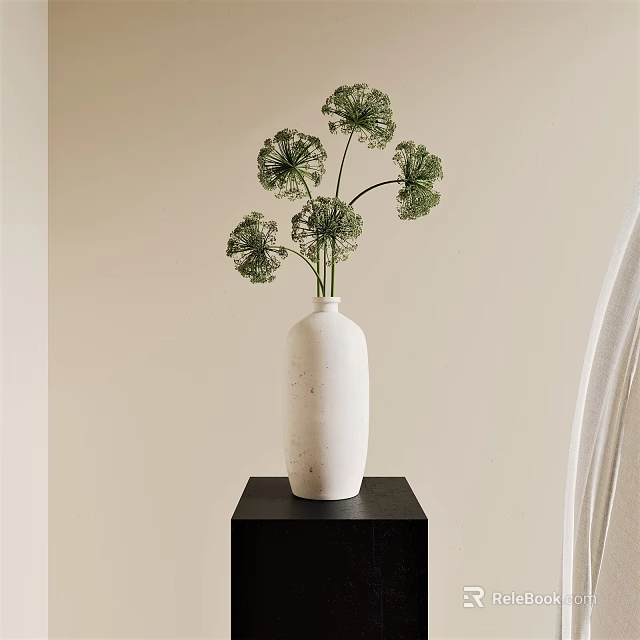 Minimalist White Vase With Green Flowers On Black Stand Against Beige Wall 3d model 