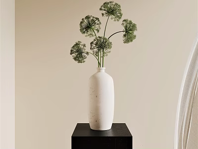 Minimalist White Vase With Green Flowers On Black Stand Against Beige Wall 3d model