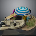 Inflatable Boat Scene With Blue And White Striped Umbrella And Flamingo Decor