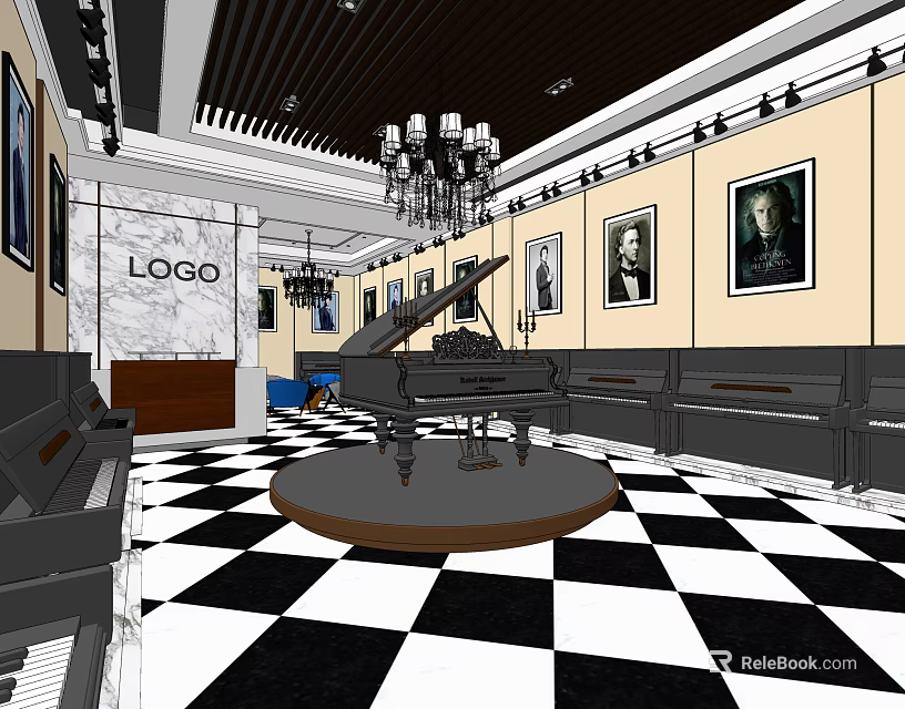 Elegant Piano Store Interior With Grand Piano Paintings Chandelier And Checkered Floor 3d model 