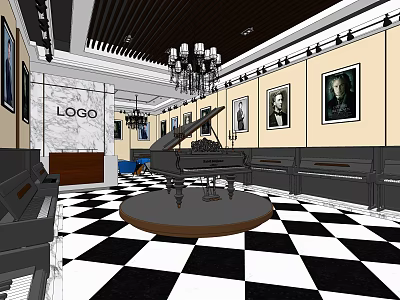 Elegant Piano Store Interior With Grand Piano Paintings Chandelier And Checkered Floor 3d model