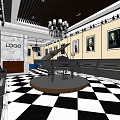Elegant Piano Store Interior With Grand Piano Paintings Chandelier And Checkered Floor