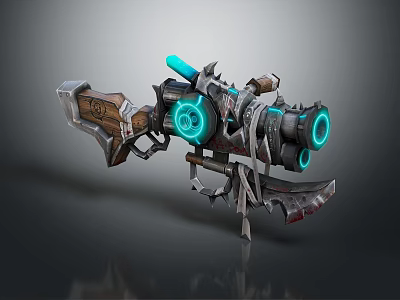 Futuristic Mechanical Weapon With Glowing Blue Components And Metal Wooden Structure 3d model