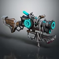Futuristic Mechanical Weapon With Glowing Blue Components And Metal Wooden Structure