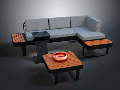 Gray Upholstered Sectional Sofa With Wooden Coffee Table Red Decorative Bowl And Side Stools 3d model