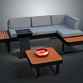 Gray Upholstered Sectional Sofa With Wooden Coffee Table Red Decorative Bowl And Side Stools
