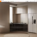 Modern Kitchen Interior With Light And Dark Cabinets Marble Countertop And Refrigerator