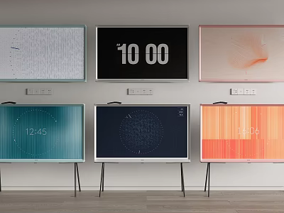 Multiple Televisions In Different Colors With Diverse Screen Displays Wall Mounted And On Stands 3d model