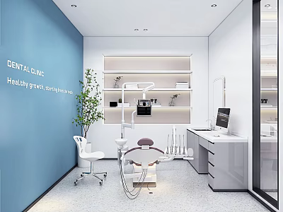 Modern Dental Clinic Interior With Blue Wall Dental Chair Computer Desk And Green Plant 3d model