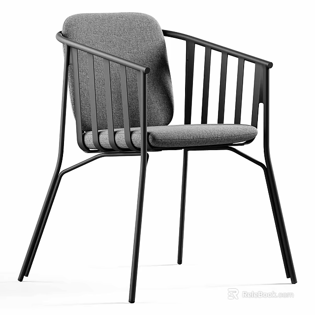 Modern Leisure Chair with Black Metal Frame Gray Upholstered Seat and Slatted Backrest 3d model 