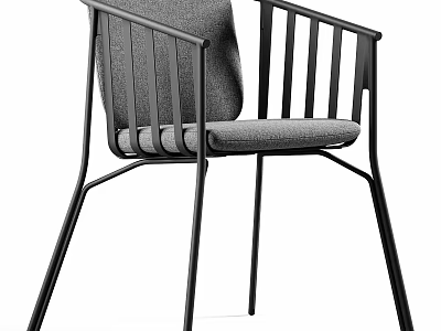 Modern Leisure Chair with Black Metal Frame Gray Upholstered Seat and Slatted Backrest 3d model