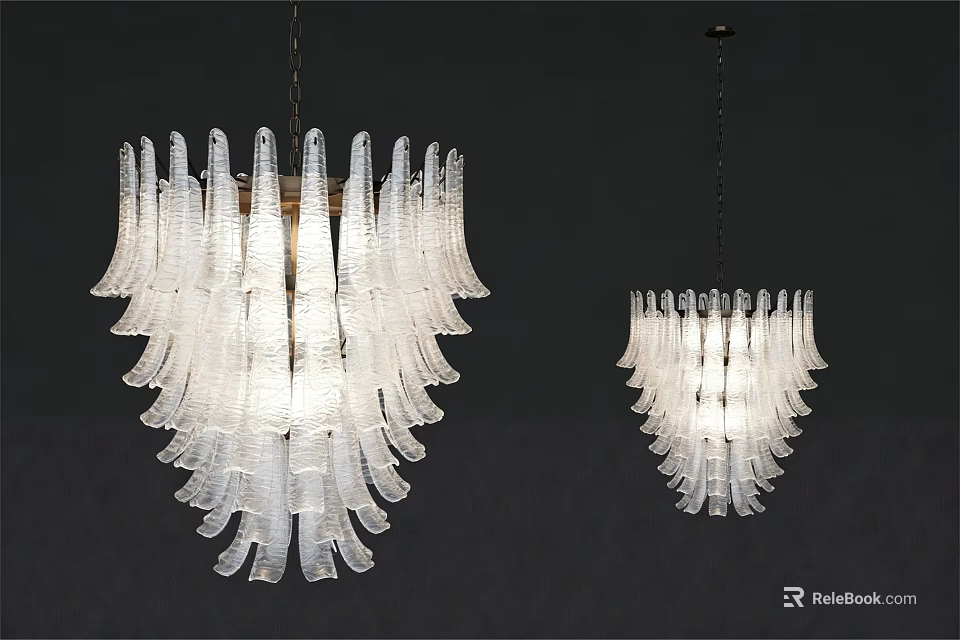 Transparent Layered Glass Feather Like Chandeliers Hanging Against Dark Background 3d model 