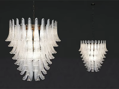 Transparent Layered Glass Feather Like Chandeliers Hanging Against Dark Background 3d model