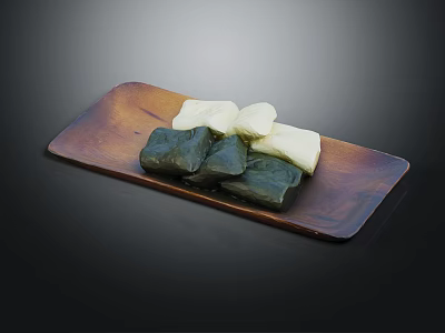 Traditional Green And White Dessert Pastries Arranged On Wooden Serving Plate 3d model
