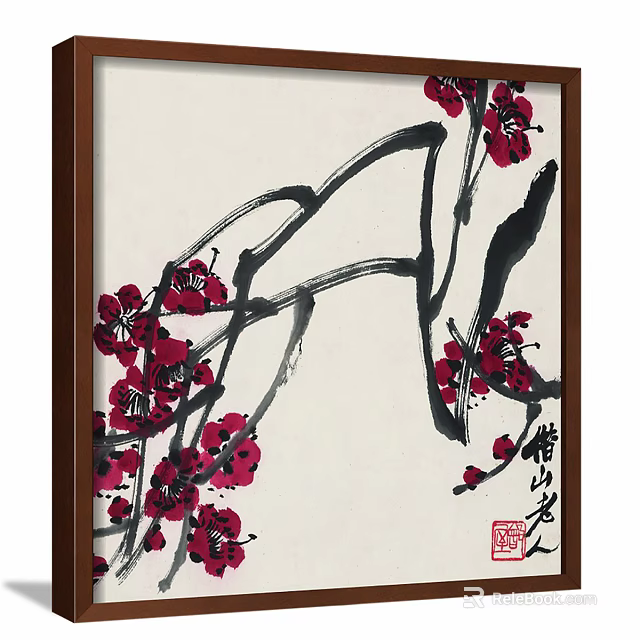 Traditional Chinese Ink Plant Painting With Red Blossoms And Black Branches 3d model 