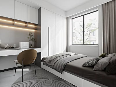 Modern Tatami Bedroom Interior Design With White Cabinets Desk Chair Window And Gray Curtains 3d model
